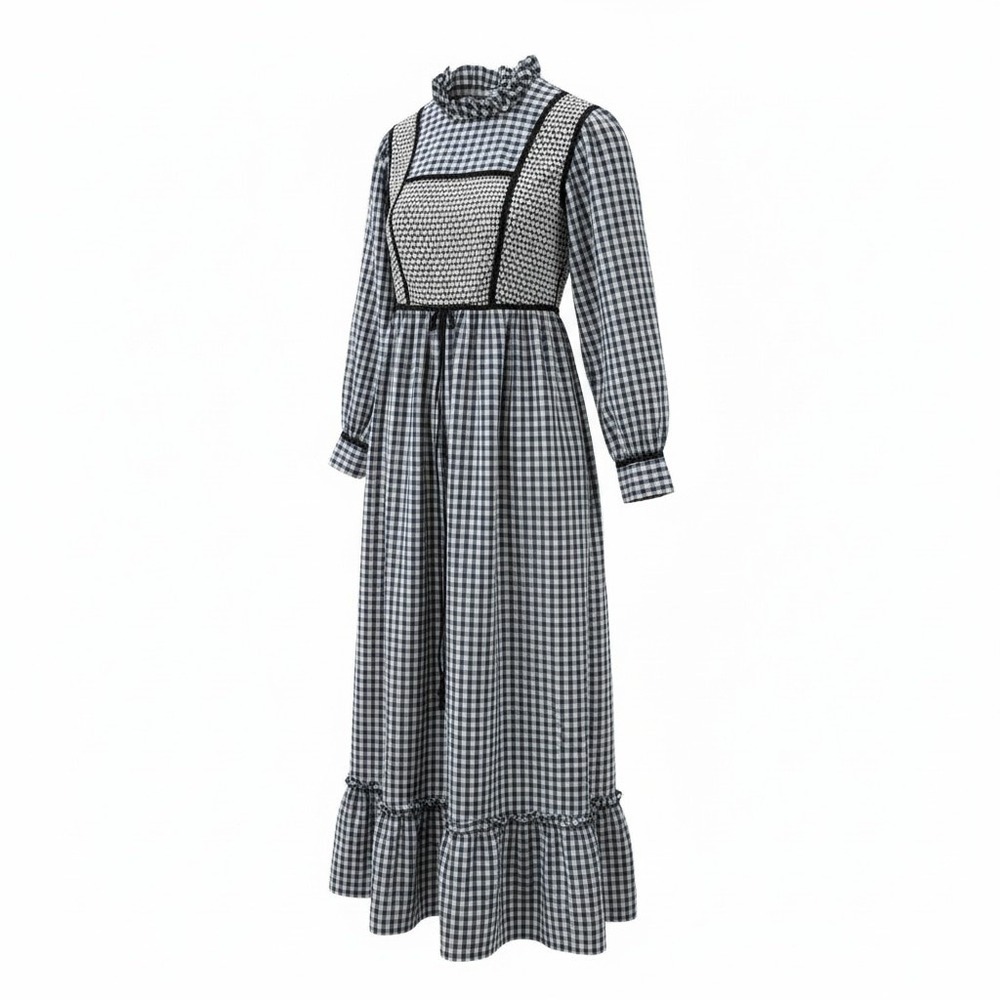 Vintage Prairie‎ Maxi Dress Juniors 7 Velvet Trim Floral Black Mr Jac Jr Gingham
